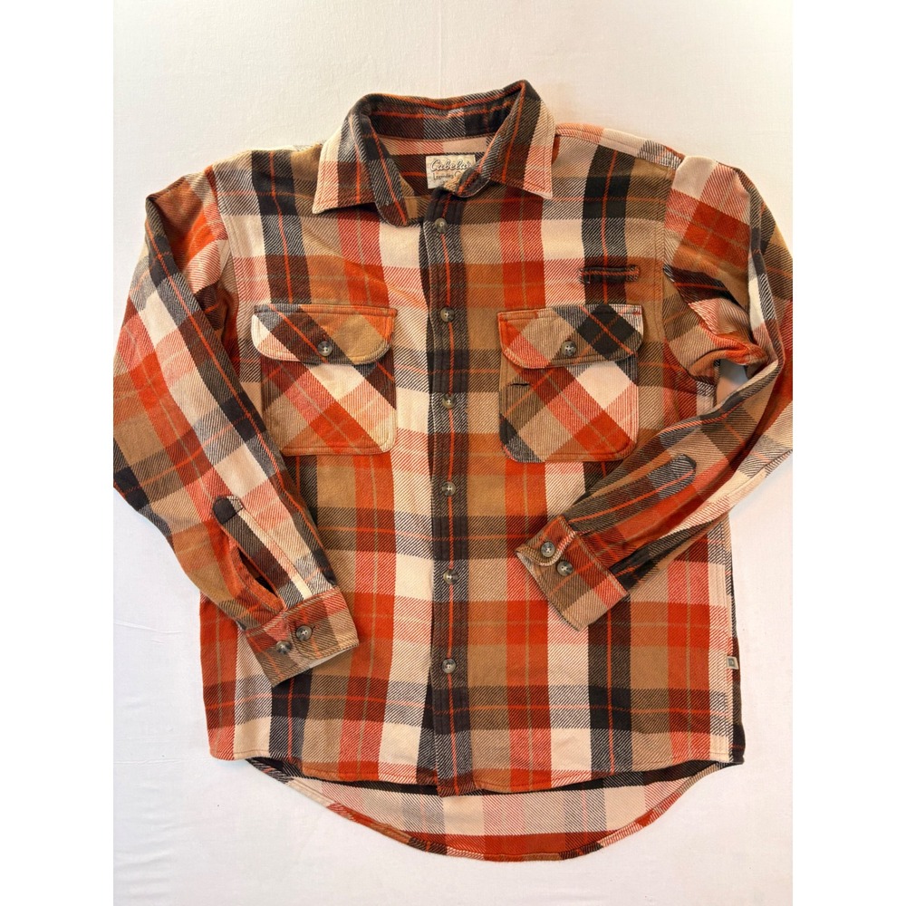 Cabelas Mens Orange Brown Plaid Flannel Button Up Shirt Medium 90-5857